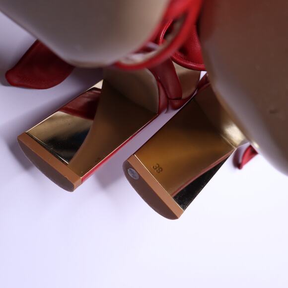 MARION PARKE Leather Ankle Tie Sandal Red Open Toe Blocked Heel Women's 38/US 8 - Picture 9 of 10